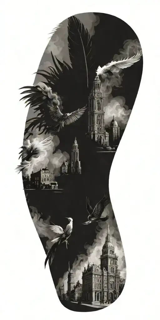 some feathers, buildings, all represented in smoke, with a lot of shades tattoo design idea