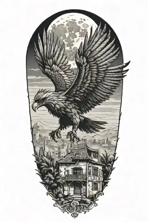 Phenix flying out of a lebanese traditional house under the moon tattoo design idea