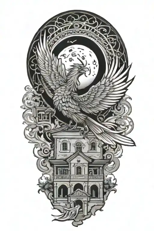Phenix rebirth flying out through the roof of a lebanese traditional house under the moon tattoo design idea