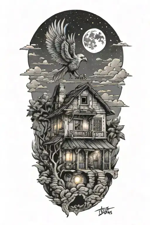 traditional lebanese house with a phenix bursting through the roof. The sky is at night with a moon and a flying comet tattoo design idea