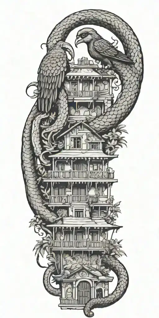 Tradinitional lebanese house, phoenix and snake tattoo design idea