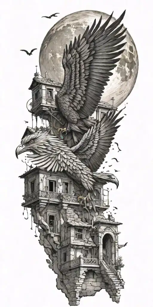 Phenix rebirth flying out of a lebanese traditional house under the moon tattoo design idea
