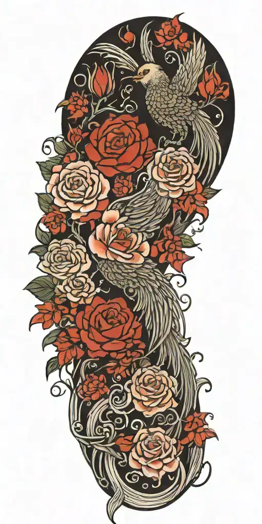 roses and a phoenix and water tattoo design idea
