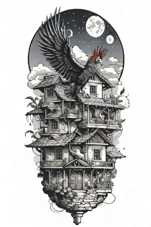 traditional lebanese house with a phenix bursting out of the roof. The sky is at night with a moon and a flying comet tattoo design idea