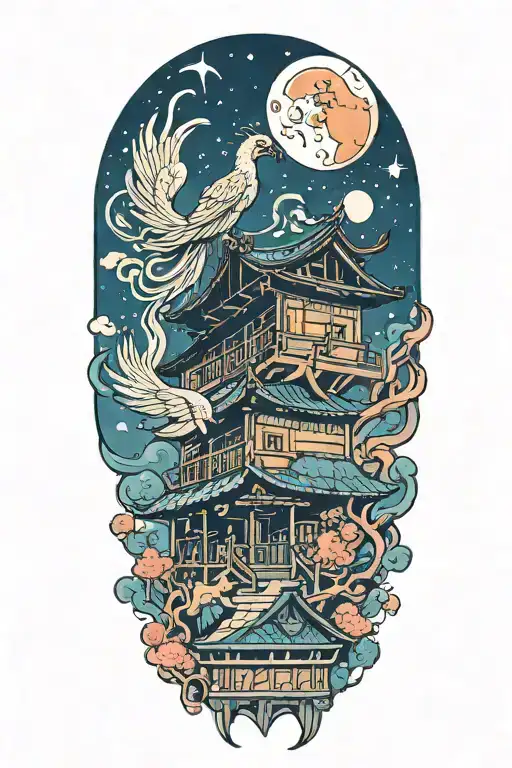 traditional lebanese house with a phenix bursting through the roof. The sky is at night with a moon and a flying comet tattoo design idea