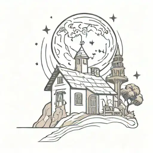 traditional lebanese house with a moon and a comet in the the sky tattoo design idea