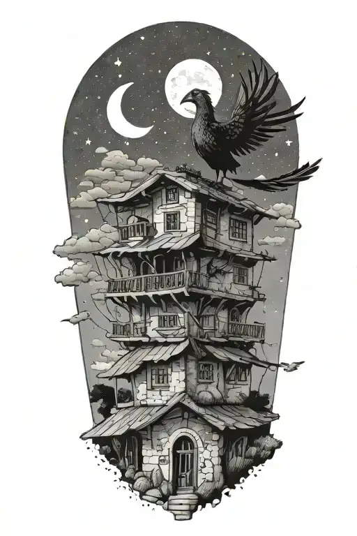 traditional lebanese house with a phenix bursting through the roof. The sky is at night with a moon and a flying comet tattoo design idea
