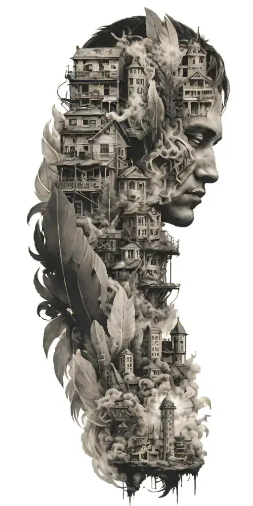 some feathers, buildings, all represented in smoke, with a lot of shades tattoo design idea