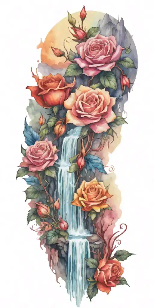 Roses and a Phoenix with a waterfall and mountains tattoo design idea