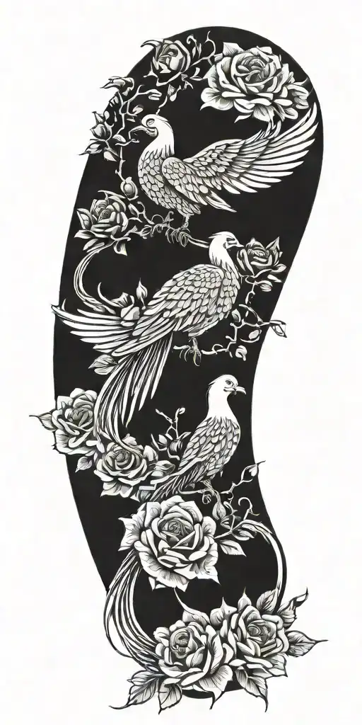 roses and a phoenix and a traditional lebanese house  tattoo design idea