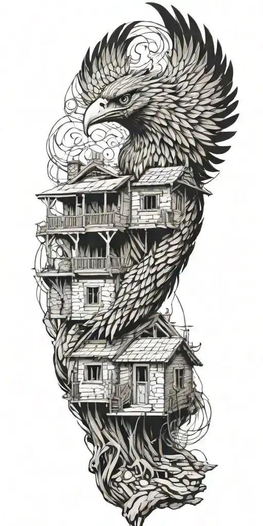 phenix rebirth from ashes and lebanese traditional house in construction  tattoo design idea