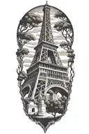 The Eiffel Tower intertwined with Lebanese cedar trees tattoo design idea