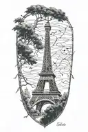 The Eiffel Tower intertwined with Lebanese cedar trees tattoo design idea