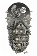 traditional lebanese house with a phenix bursting through the roof. The sky is at night with a moon and a flying comet tattoo design idea