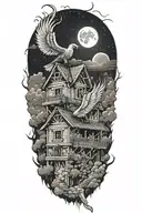 traditional lebanese house with a phenix bursting through the roof. The sky is at night with a moon and a flying comet tattoo design idea