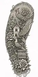 roses and a phoenix and a traditional lebanese house  tattoo design idea