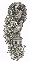 roses and a phoenix and a traditional lebanese house  tattoo design idea