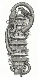 Tradinitional lebanese house, phoenix and snake tattoo design idea
