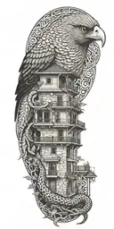 Tradinitional lebanese house, phoenix and snake tattoo design idea