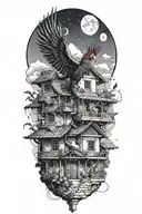 traditional lebanese house with a phenix bursting out of the roof. The sky is at night with a moon and a flying comet tattoo design idea
