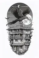 traditional lebanese house with a phenix bursting out of the roof. The sky is at night with a moon and a flying comet tattoo design idea
