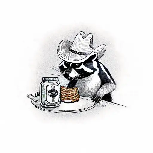 raccoon in a cowboy hat eating a jar of mayo tattoo design idea