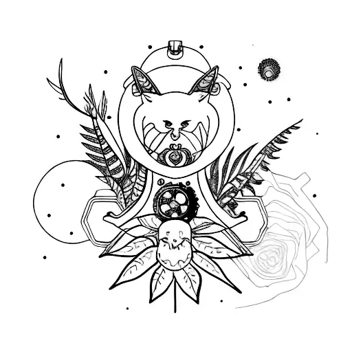 A steampunk-inspired animal wearing lingerie, surrounded by futuristic plants tattoo design idea