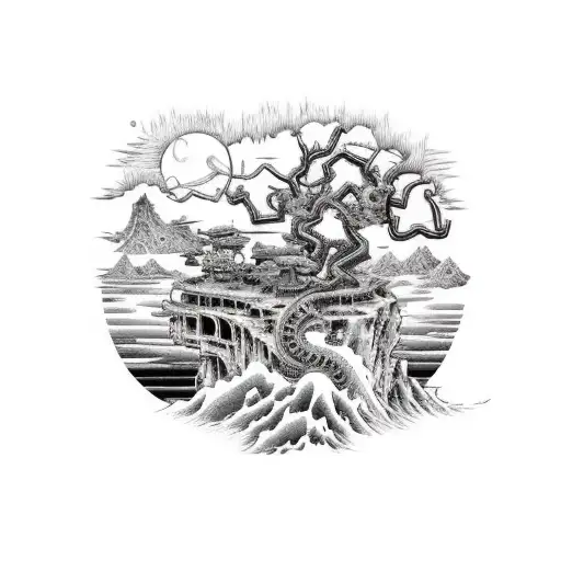A steampunk-inspired monkey on a cliff by the sea tending to a bonsai tree tattoo design idea