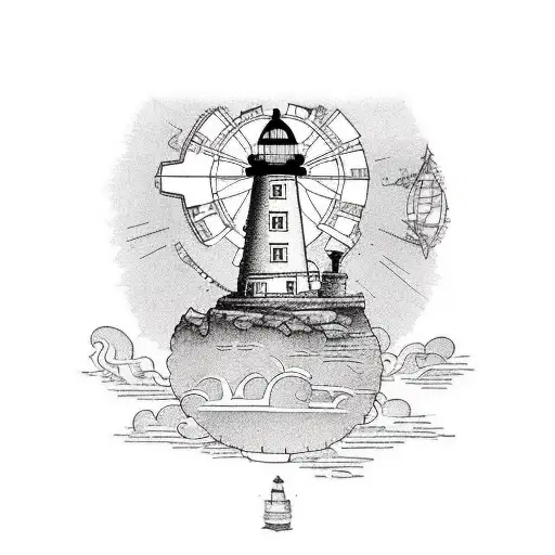 A lighthouse on a cliff with a steampunk-inspired zeppelin and a map an compass in the background tattoo design idea
