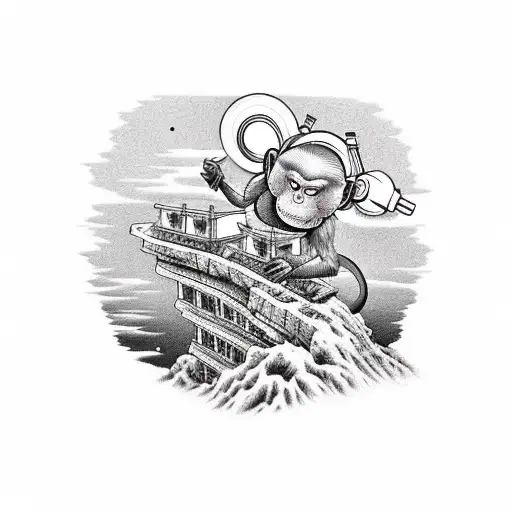 A steampunk-inspired monkey on a cliff by the sea tending to a bonsai tree tattoo design idea