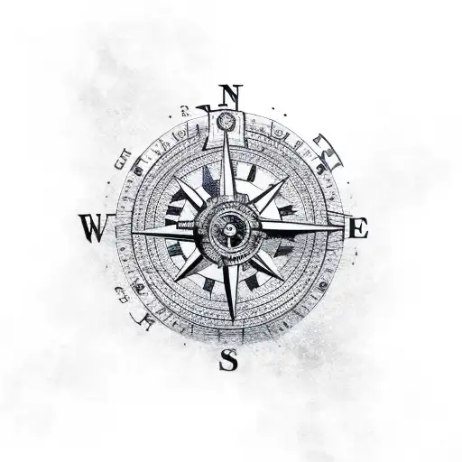 a steampunk-inspired barge with a compass on the background  tattoo design idea