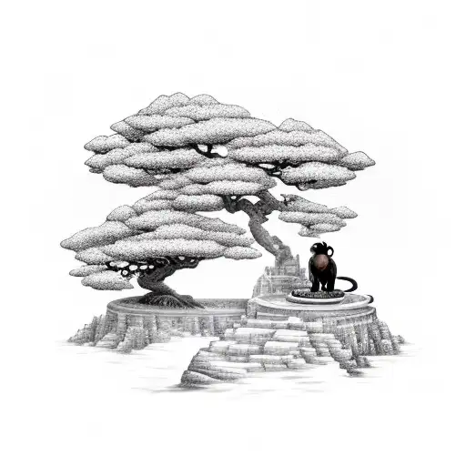 A steampunk-inspired monkey on a cliff by the sea tending to a bonsai tree tattoo design idea