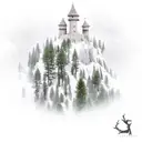 Pine Tree on castle ruin on a cliff tattoo design idea