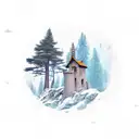 Pine Tree on castle ruin on a cliff tattoo design idea