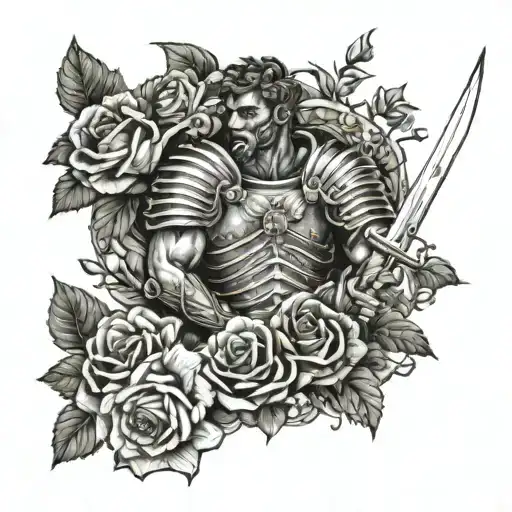 A Roman centurion holding a sword with chains wrapped around his arm, surrounded by leafs and roses tattoo design idea