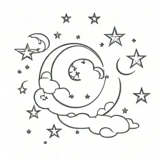 stars and moon with clouds floating  tattoo design idea