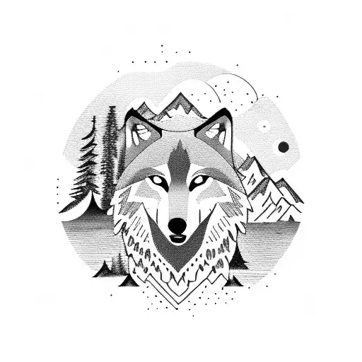 wolf face with forest, lake, mountain and moon tattoo design idea