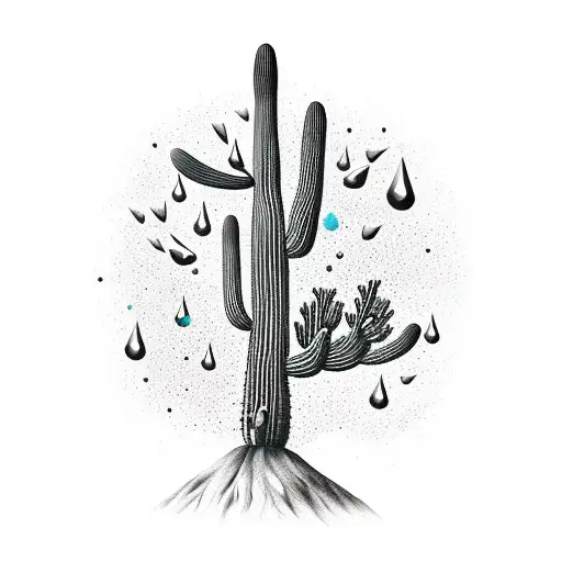 A black-grey tattoo depicting a majestic saguaro cactus reaching towards the night sky, with water droplets falling from its branches, symbolizing the Aquarius water bearer. tattoo design idea