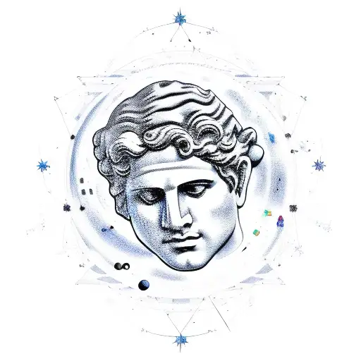A sketch of Apollo, the Greek god of music, surrounded by constellations tattoo design idea