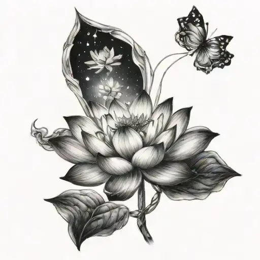 lotus flower intertwined with magic wand and celestial background  tattoo design idea