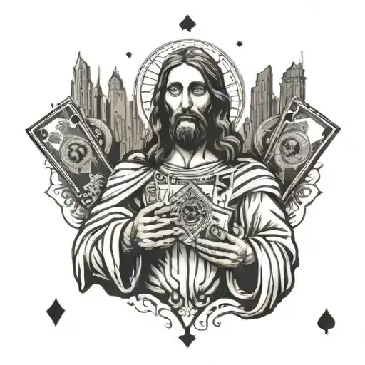 Jesus holding a poker hand of all aces, with the San Diego skyline in the background tattoo design idea