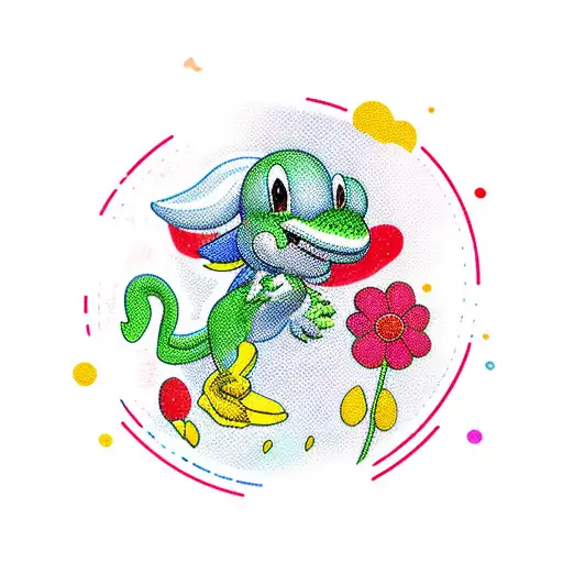 Yoshi surrounded by vibrant red flowers in a new-school style tattoo design idea