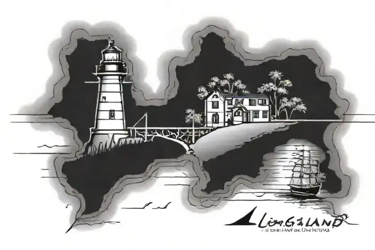 Long Island map outline with lighthouse overlooking beach and bridge tattoo design idea