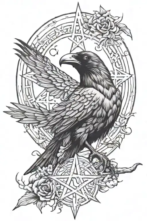 raven with moon pentagram tattoo design idea