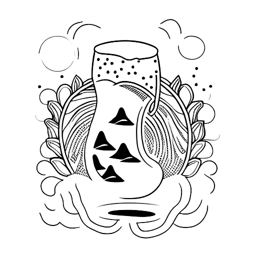 A minimalist tattoo of a waterfall flowing into a beer glass, with a silhouette of a dog and a horse standing nearby. tattoo design idea