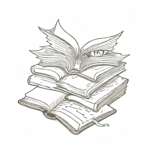 A stack of books with eerie eyes peeking out from between the pages, representing a love for reading and dark themes tattoo design idea