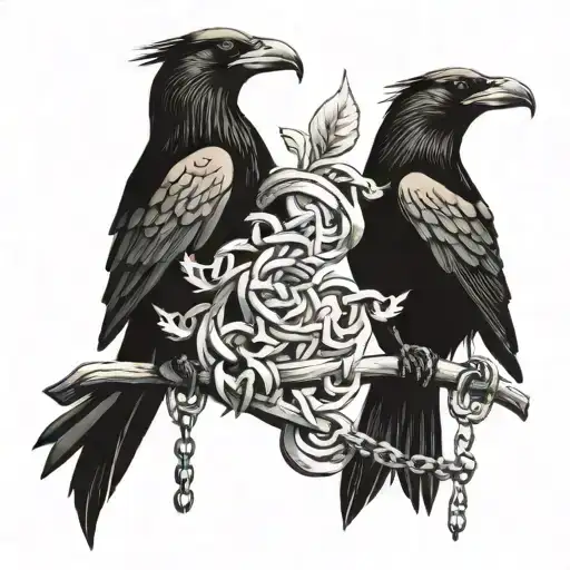 two Slavic painted black crows with chains in their beaks tattoo design idea