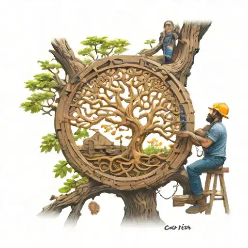 A carpenter working on the Tree of Life, with intricate details and symbolism related to recovery and faith tattoo design idea