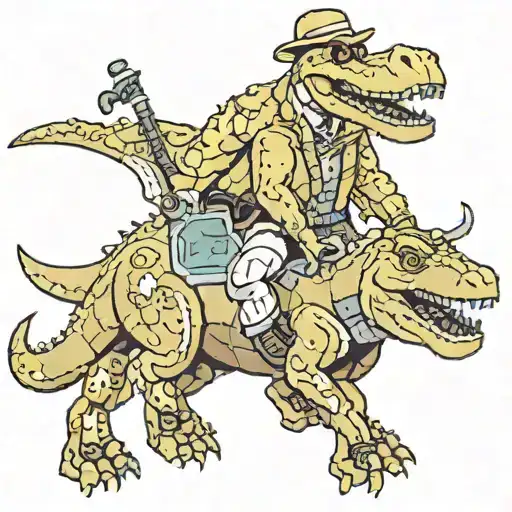 Lego man with money symbol on chest riding a T. rex with a hippopotamus next to them  tattoo design idea