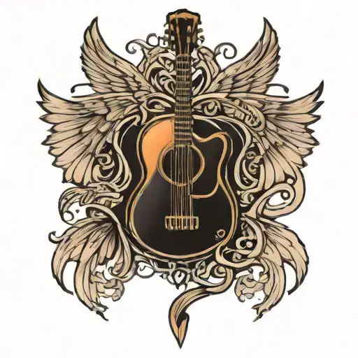 A tattoo of a guitar with a Bon Jovi twist, perhaps with song lyrics or the band logo integrated. wings Inspired by the  tattoo design idea
